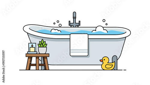 Illustration of a bubble bath with a rubber duck towel plant and candle