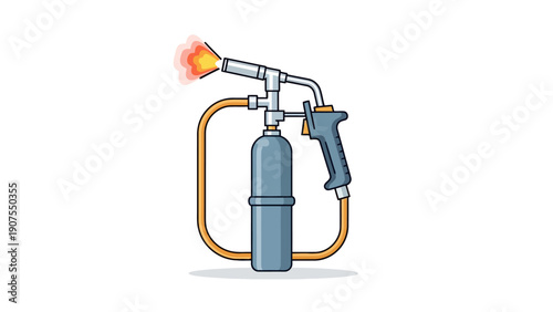 Illustration of a portable gas torch with a connected fuel tank and flame