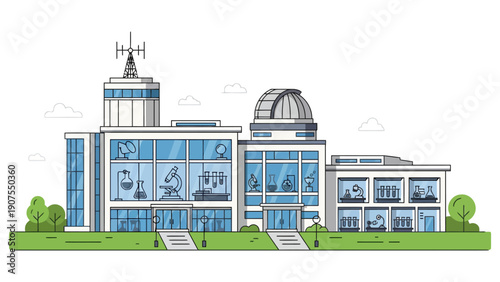 Illustration of a modern science research facility with laboratory and antenna structures