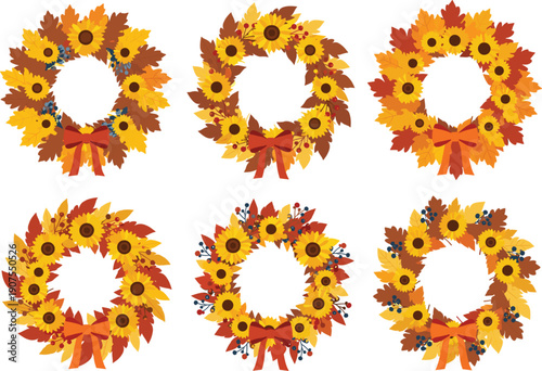 Autumn wreath vector set with sunflowers leaves berries and fall elements flat decorative illustration
