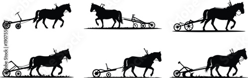 Set of Minimalist black horse pulling a plow traditional farming scene silhouette vector icon
