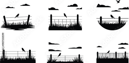 Set of Minimalist black bird perched on a fence rural scene silhouette vector icon
