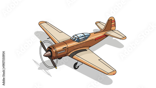 Isometric illustration of a brown singleengine propeller airplane with tan wings