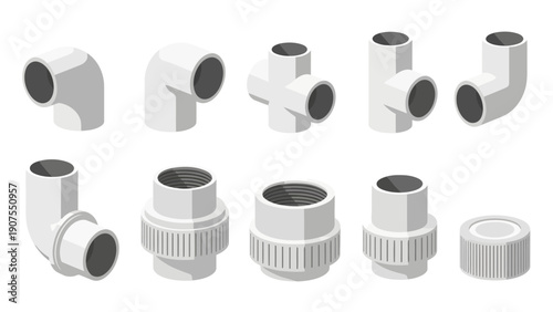 Isometric collection of white plastic pipe fittings against a white background