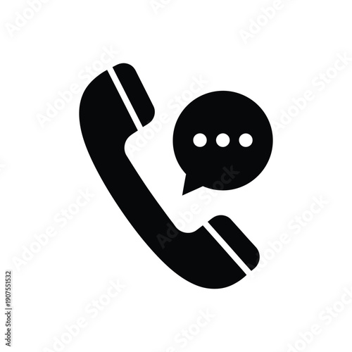 Black icon depicting a telephone receiver next to a speech bubble with ellipsis represents incoming communication or messaging service.