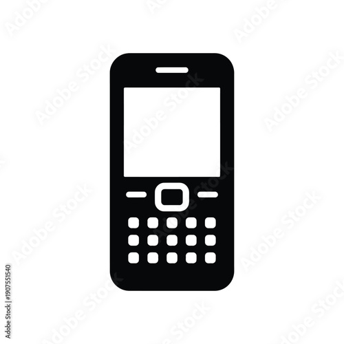 Black silhouette of a classic feature phone with a physical keypad is isolated on a white background for design.