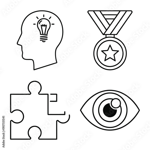 Icons Representing Ideas, Success, Problem Solving, and Vision: Lightbulb, Medal, Puzzle, Eye