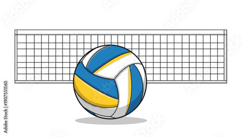 Volleyball in front net.