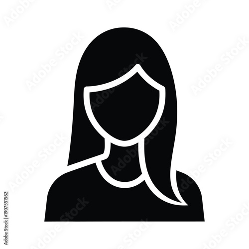 Silhouette icon representing a female user profile with long hair against a solid white backdrop.