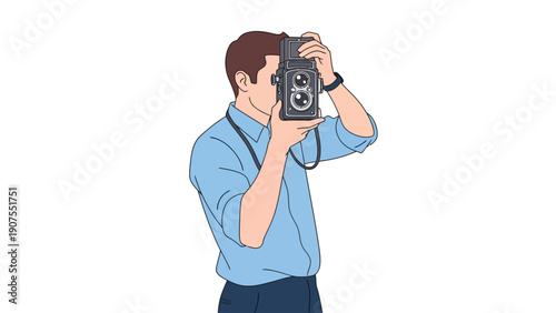 Man in light blue shirt taking a picture with a twinlens reflex camera