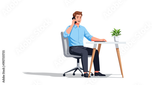 Man in light blue shirt talking on a black phone while sitting at a white desk