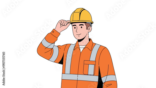 Man in orange highvisibility work uniform and yellow hard hat tipping hat