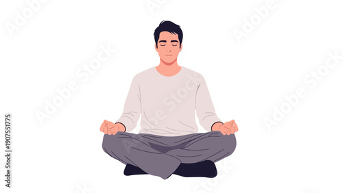 Man meditating in lotus pose with eyes closed wearing a light shirt
