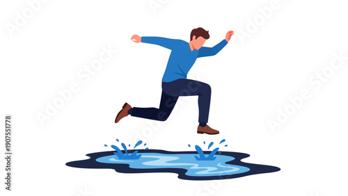 Man leaping over a puddle splashing water isolated on white background