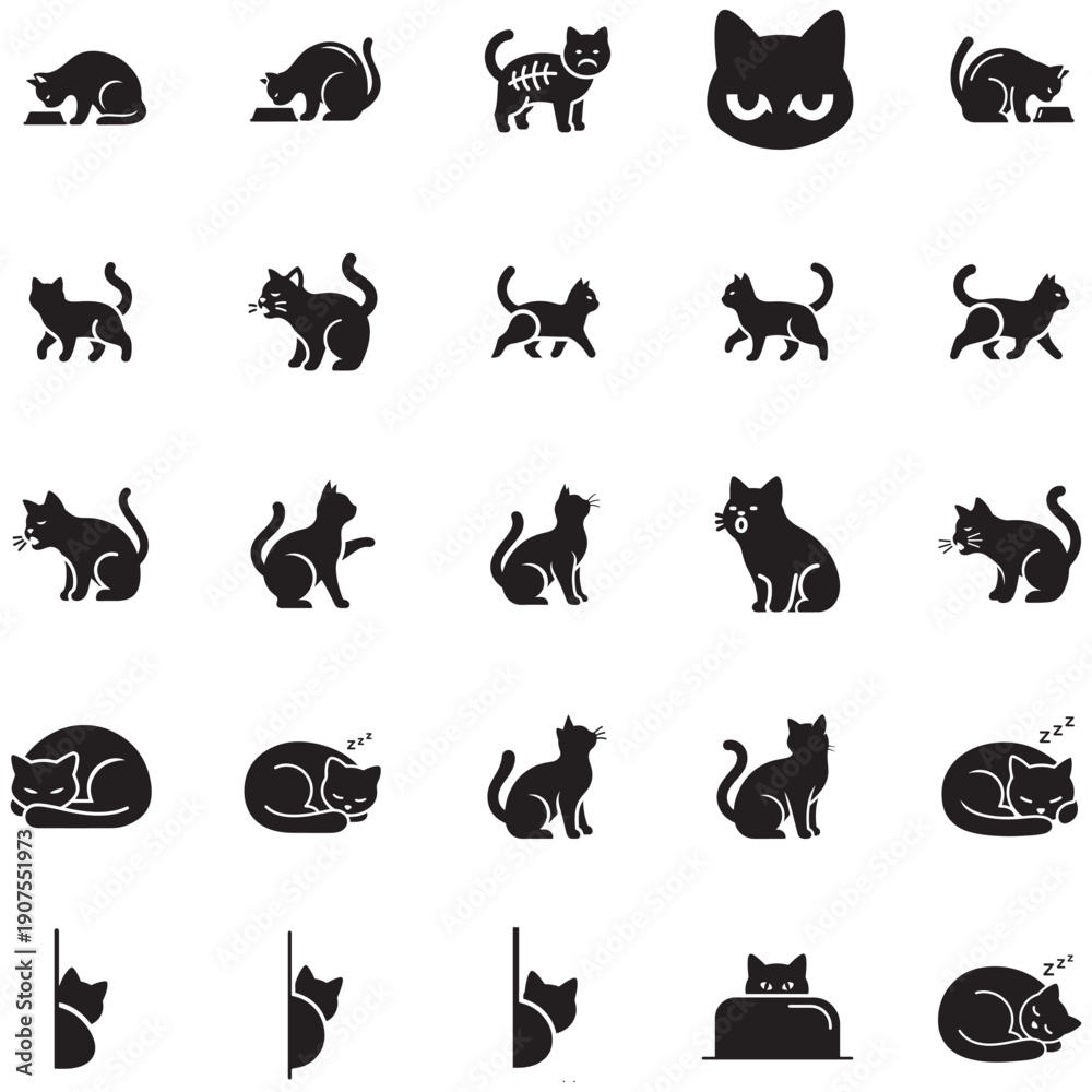 Fototapeta premium Collection of cat icons in various poses and actions, presented in black and white