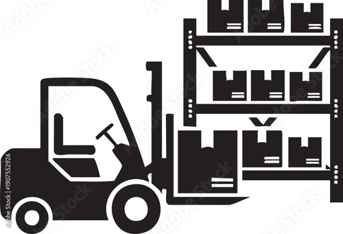 Forklift truck moving boxes in a warehouse, logistics and delivery concept
