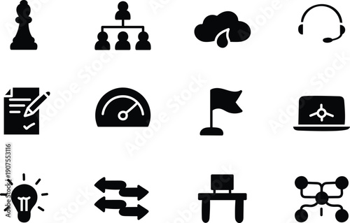 Project management and workflow vector icon set featuring hierarchy structure, cloud computing, headset support, checklist, performance gauge, flag milestone, ideas and process automation symbols