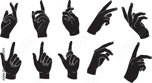 Collection of black hand silhouettes making gestures on white