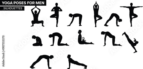 Yoga poses for men silhouette collection featuring balance, strength and flexibility exercises isolated on white background fitness wellness training concept