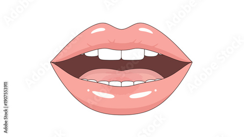 Open mouth showing upper and lower teeth and tongue stylized pink lips