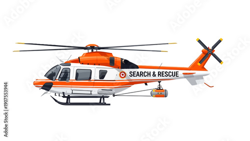 Orange and white search and rescue helicopter with external cargo hoist