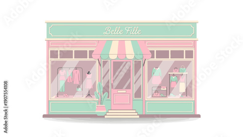 Pastel storefront illustration for Belle Fille clothing shop with pink and mint accents