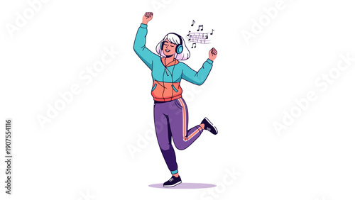 Person wearing headphones and athletic wear dancing joyfully with musical notes floating up