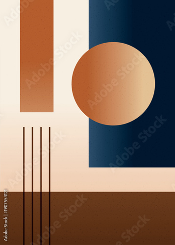 minimalist art, rectangles, circles, lines, blue, orange, beige, brown, gradient, abstract geometric composition, mid-century