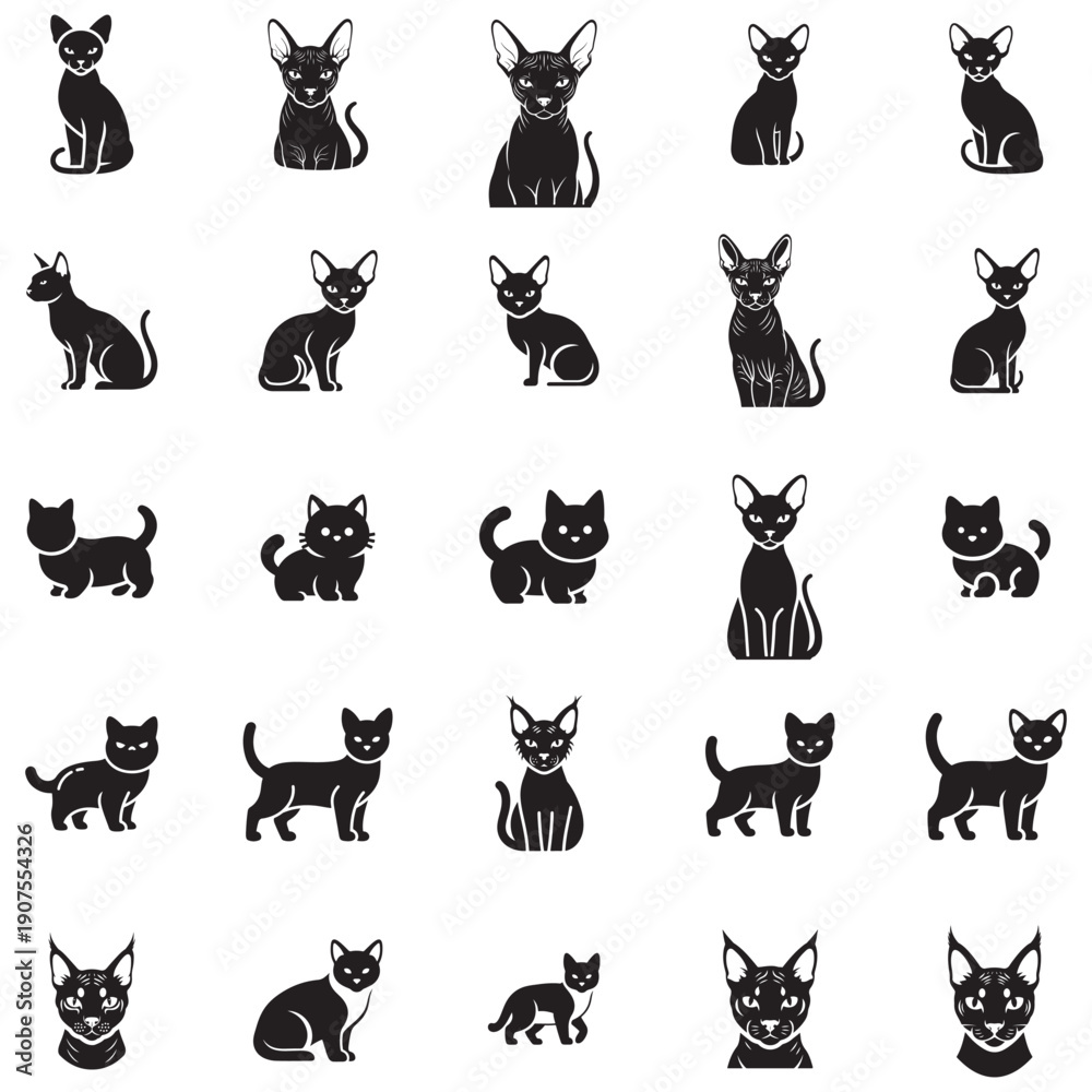Obraz premium Set of diverse cat breeds and poses in a clean, monochrome illustration style