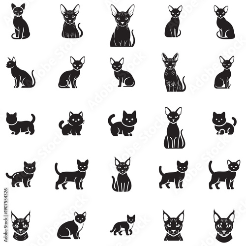Set of diverse cat breeds and poses in a clean, monochrome illustration style