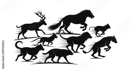 Diverse group of animals running in silhouette.
