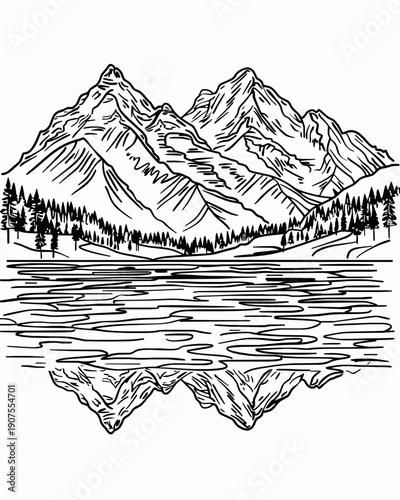 Majestic Mountain Lake Reflection Adult Coloring Page