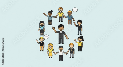 Diverse group of cartoon people holding hands in a circle.