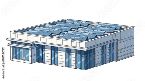Pixel art depiction of a modern building with a rooftop solar panel array