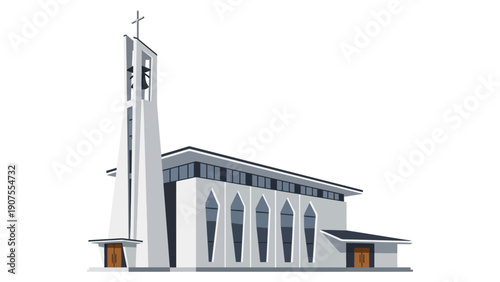 Pixel art depiction of a modern white church building with a tall bell tower and cross