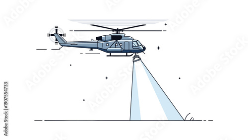 Pixel art helicopter hovering casting a bright spotlight onto the ground