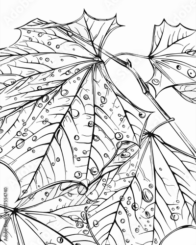 Dew-Covered Autumn Leaves Close-Up Coloring Page