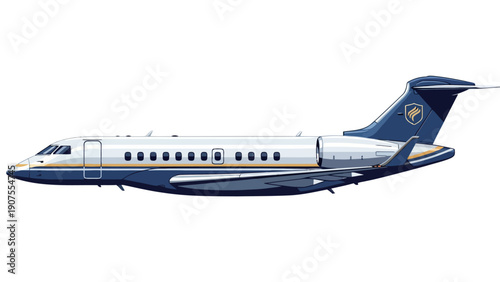 Pixel art illustration of a blue and white business jet with a tail logo