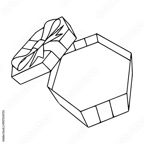 open hexagonal gift box with ribbon outline illustration