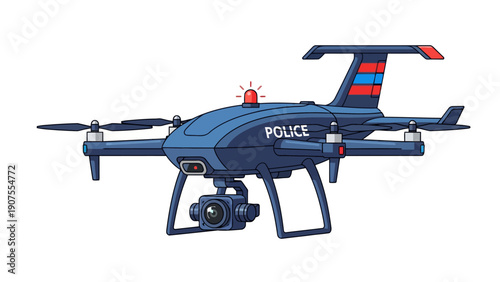 Pixel art illustration of a dark blue police drone with a flashing red light