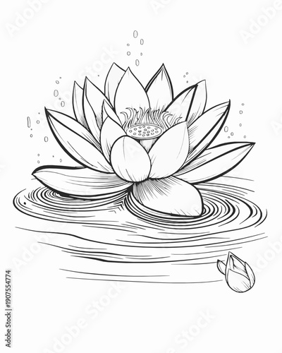 Blooming Lotus Flower on Pond Adult Coloring Page