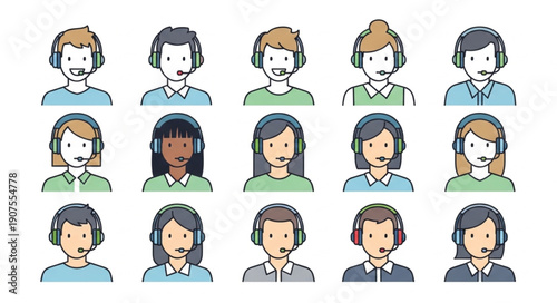 Diverse group of customer service representatives wearing headsets.