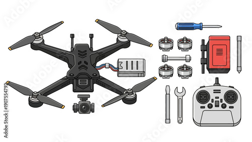 Pixel art illustration of a drone spare parts tools and a remote controller