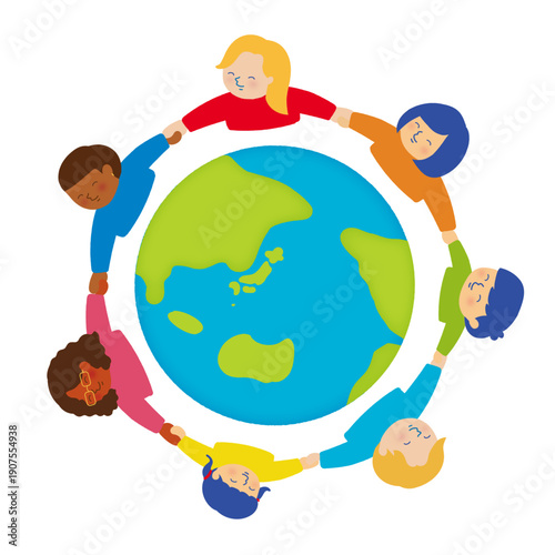 みんなで地球を守るを表現したイラスト/Illustration showing everyone working together to protect the Earth