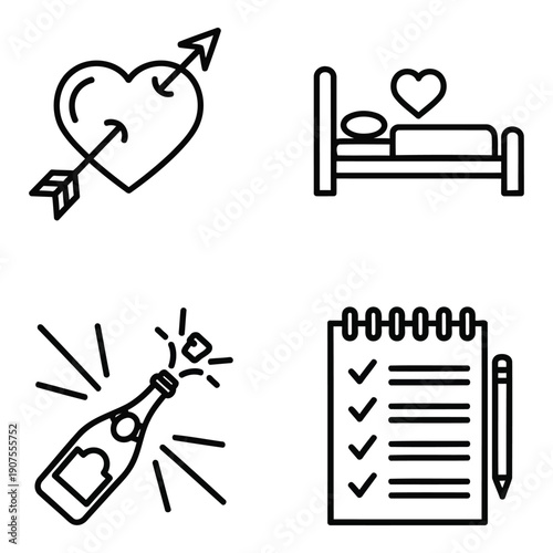 Love and celebration icons: heart pierced by arrow, couple in bed, champagne bottle pop, and to-do list, perfect for romance and party themes.