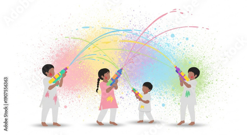 Children playing Holi festival with colorful water guns celebrating joy and tradition with vibrant powder splashes isolated o