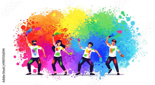 People celebrating Holi festival with colorful powder vibrant paint splashes and joyful expressions vector illustration for f
