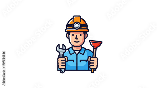 Pixel art plumber in hard hat holding wrench and plunger