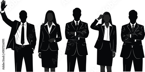 Collection of Five Detailed Black Silhouettes Featuring Business Men and Women in Formal Suits Performing Various Professional Poses and Hand Gestures for Corporate Designs