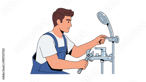Plumber adjusting a shower fixture with a wrench